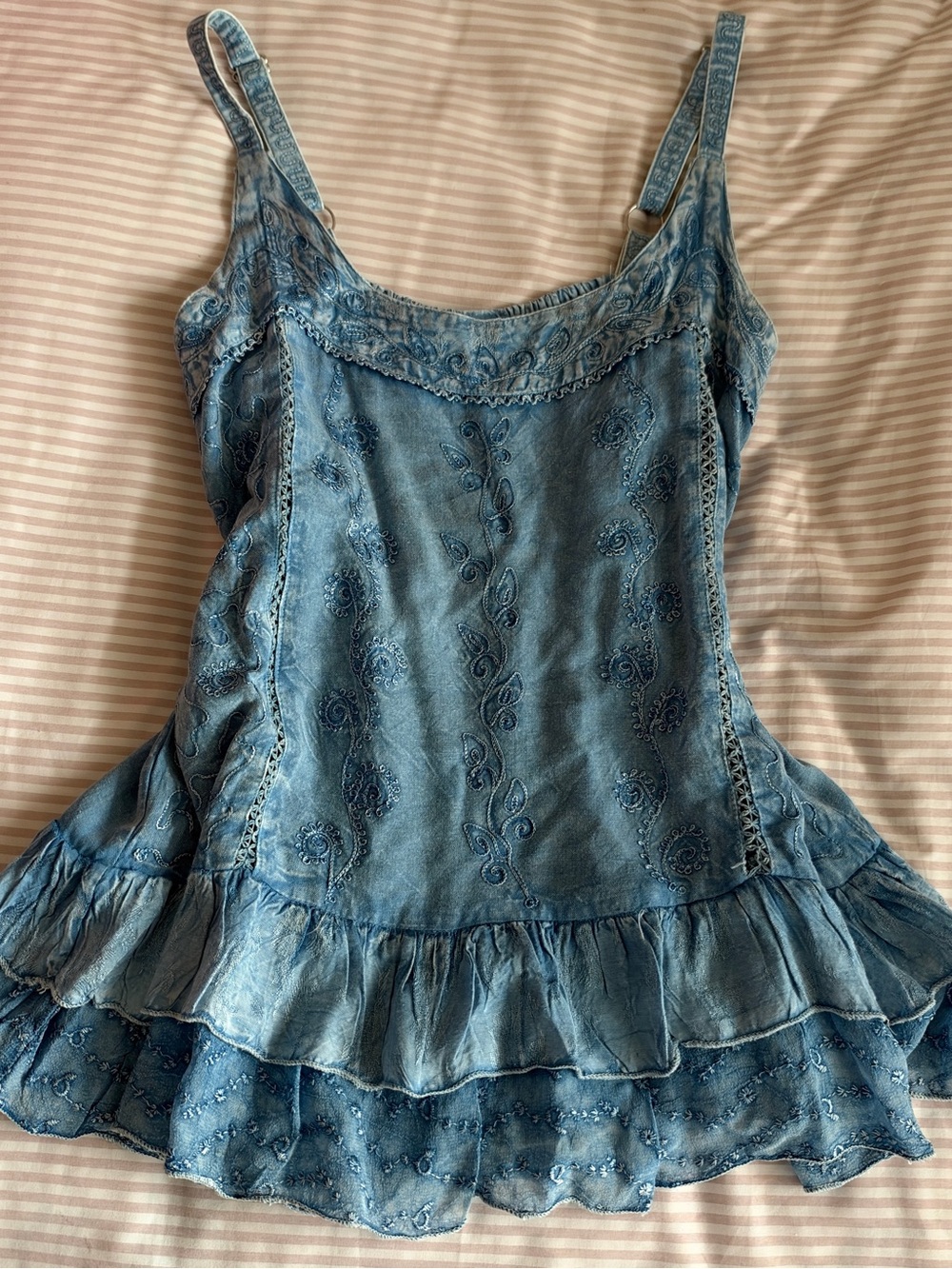 Blue Embroidered Denim-Style Ruffle Dress